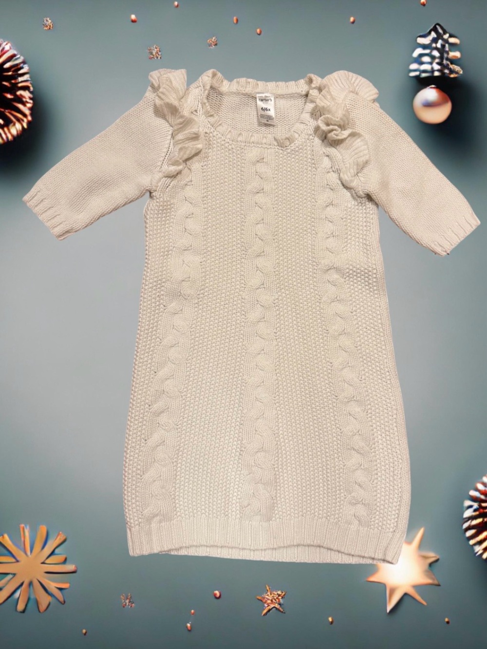 Girls Cream Cable Knit Dress with Ruffle Shoulders, Carter’s Kid, 6/6x